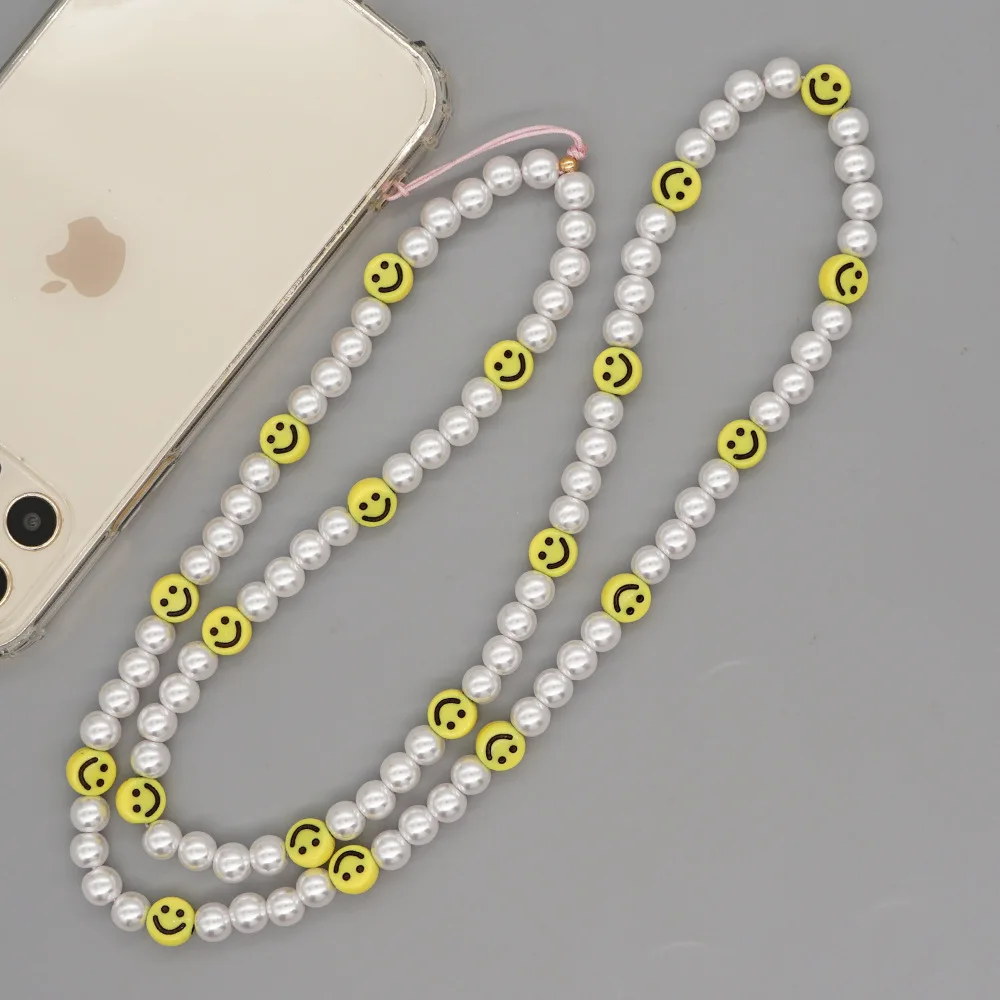 

Wholesale bohemian long phone strap smile face pearl mobile phone chain