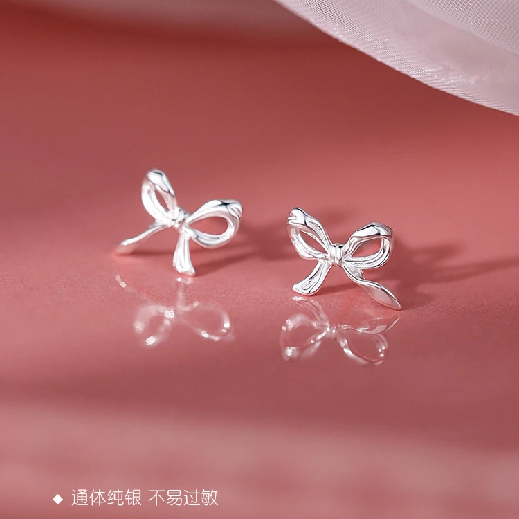 925 Sterling Silver Bow Stud Earrings Women's 2022 New Earrings Light Luxury Small Design Summer Simple