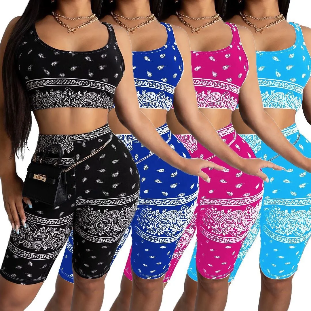 

DLL 2021 Fashionable Female digital printing multi-color sports 2 Piece shorts sets Women Bandana two piece pants set summer, As picture or customized make