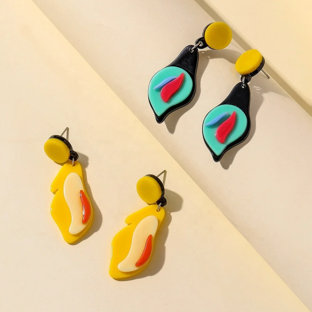 

New trending jewelry Korea creative exaggerated contrasting color acrylic earrings women irregular pattern dangle drop earrings, Yellow