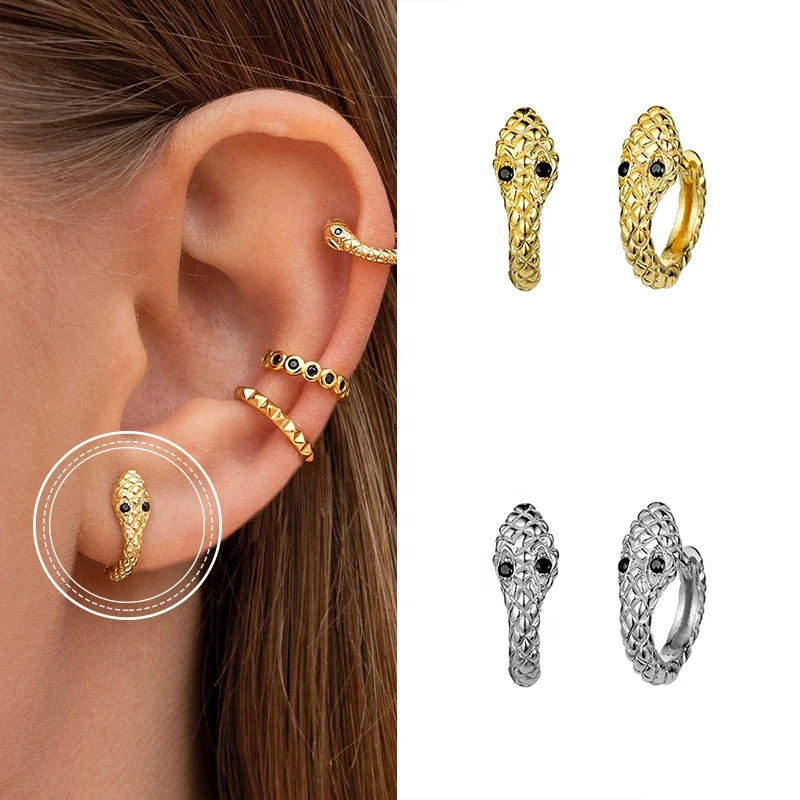 

Hot European fashion punk 925 sterling silver 18K gold plated snake cute hoop earrings for women jewelry, As the pic show