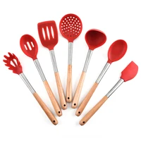

2019 new products blue red colour 7 pieces wooden handle silicone kitchen utensils cooking silicone utensil set