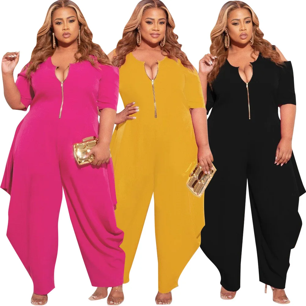 

S66305 Fashion Plus Size Women'S Solid Color Sexy Zipper Wide Leg Jumpsuit Women