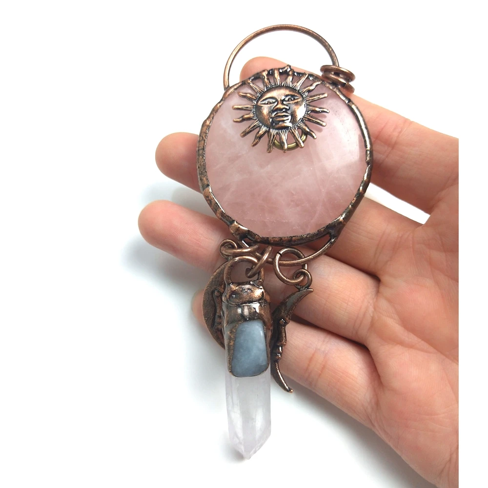 

Stone Charms Real Quartz Jewelry Antique Bronze Plated Soldered Round Rose quartz Point Crystal moon and sun Pendant necklaces, Pink, clear, blue ect.