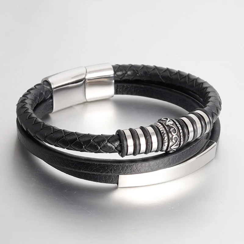 

top sellers 2020 for amazon Men Inspired Leather Charm Custom men's bracelets silver, Black