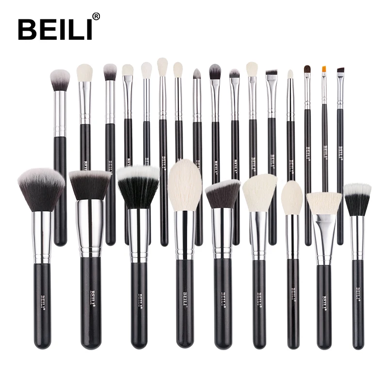 

BEILI black 25 Natural Goat Pony Hair Professional Makeup Brushes private label wholesale makeup brush set pincel maquiagem, Shinny black