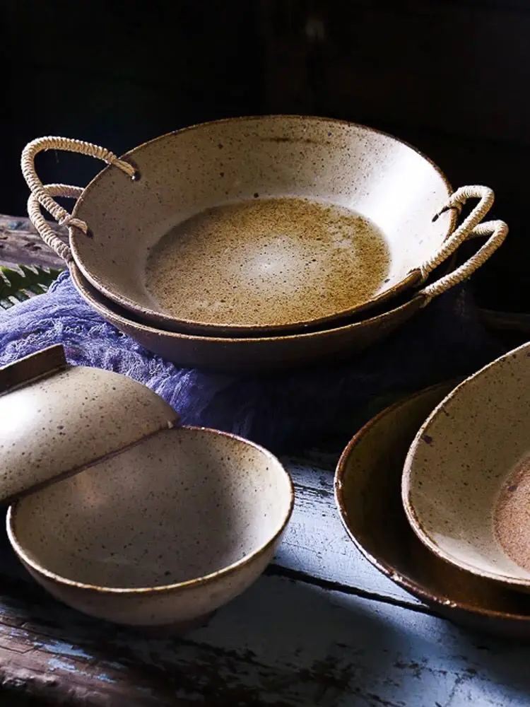 Nordic Retro Stoneware Hemp Rope Deep Plate Dish Ceramic Large Soup Plate Salad Bowl