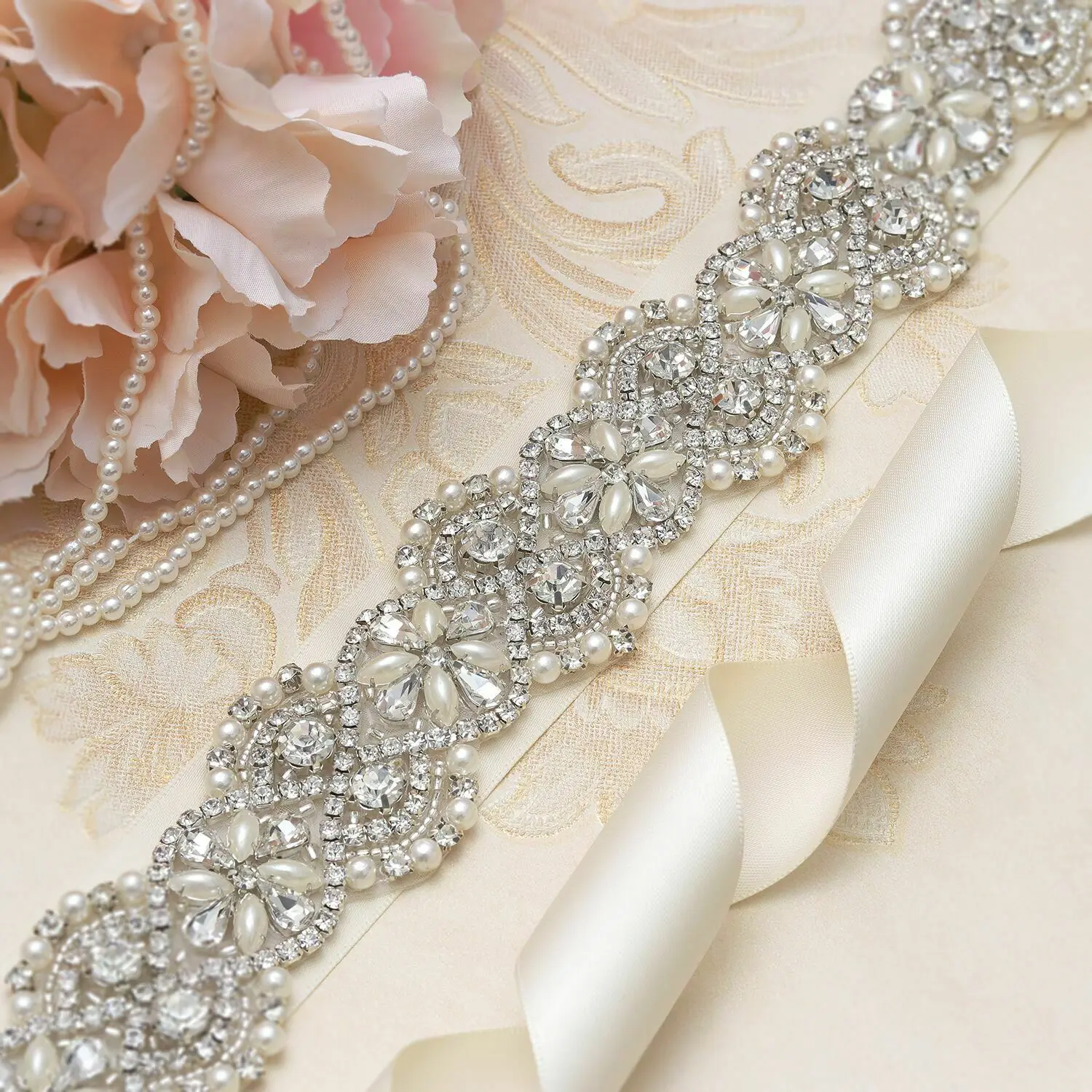 

keering stock hot sale clear pearl flower sash rhinestone applique belt for bridal dress WRA-363, Clear stone