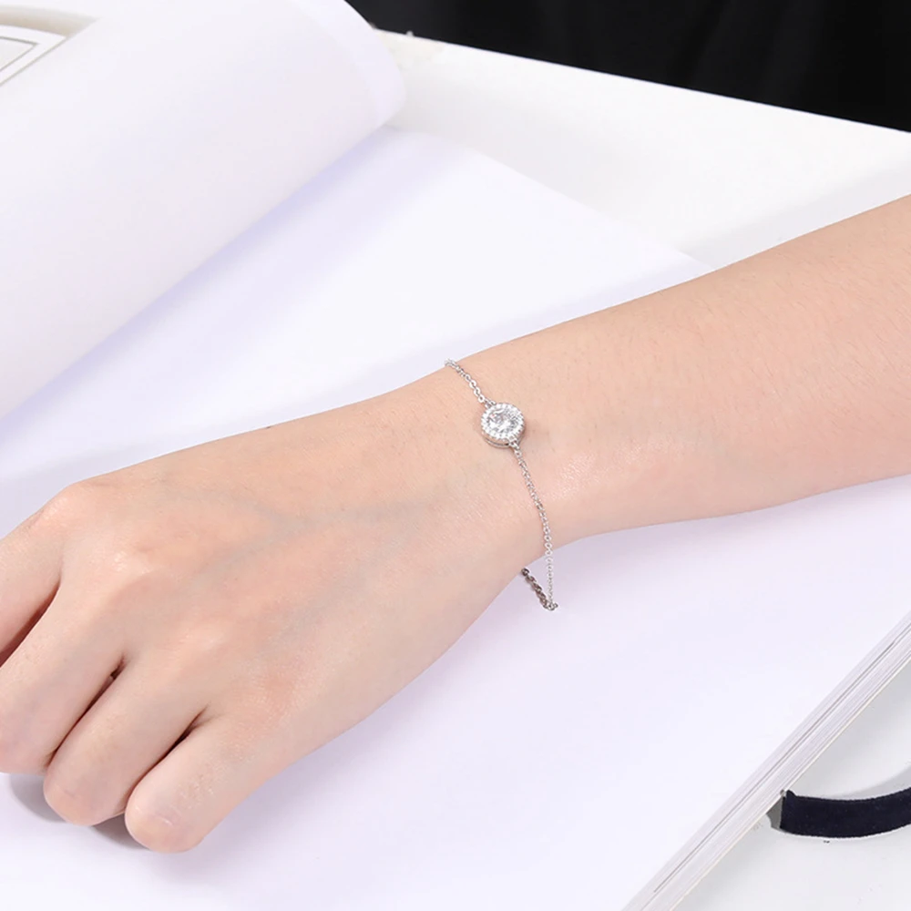 

S925 Sterling Silver Bezel Set Round Zircon Stone Bracelet Women Bracelets Fashion Jewelry, White/gold/rose gold