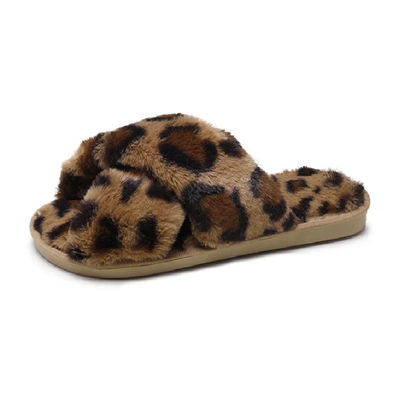 

Women's Comfy Fluffy Leopard Crisscross Peep Toe Slippers Sandals Flip Flops Shoes Anti-Slip Slippers Shoes DOM112-20088, Beige pink brown grey