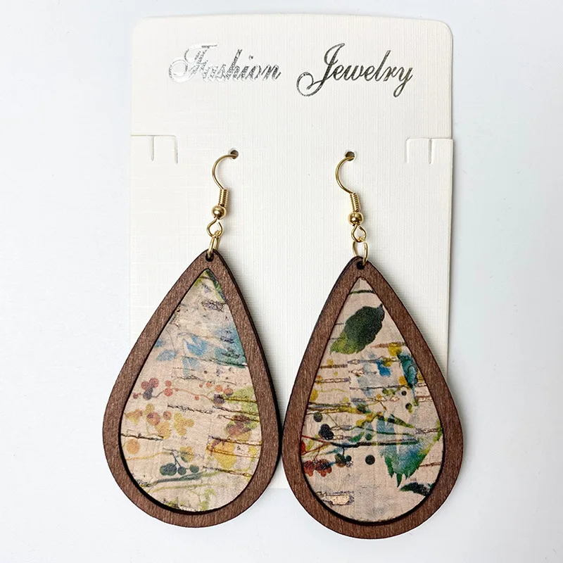 GT Morocco Leopard Print PU Leather Waterdrop Earrings Statement Colorful Cheetah Print Cork Wood Earrings