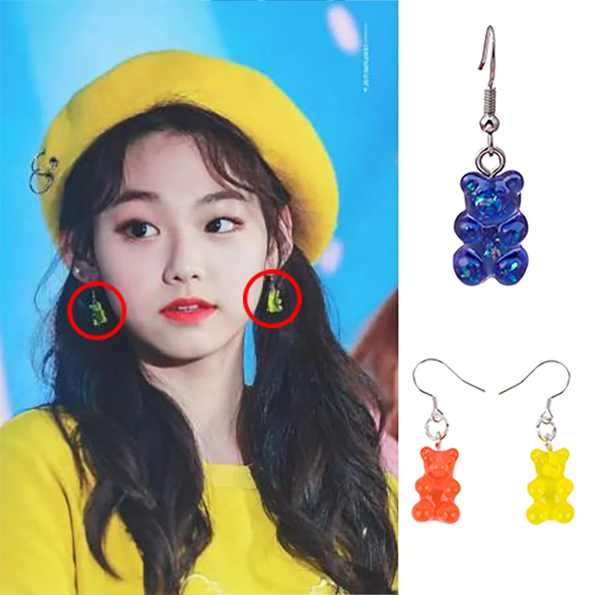 

2021 Silver Plated Ins Style Korean Cute Cartoon Girl's Colorful Bear Earrings Drop Earring Resin Creative Earrings for Students