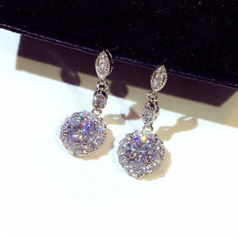 

HOVANCI Luxury Korean Clear Bling Rhinestone Round Drop Earrings S925 Sterling Silver Pin Crystal Diamond Earring For Women Gift, As picture show