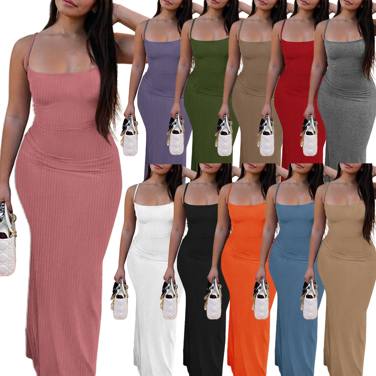 

2022 Wholesale Summer Sexy Women Plus Size Solid Casual Dress Long Knitted Bodycon Dresses Women Maxi Casual Halter Dress, 11 colors available