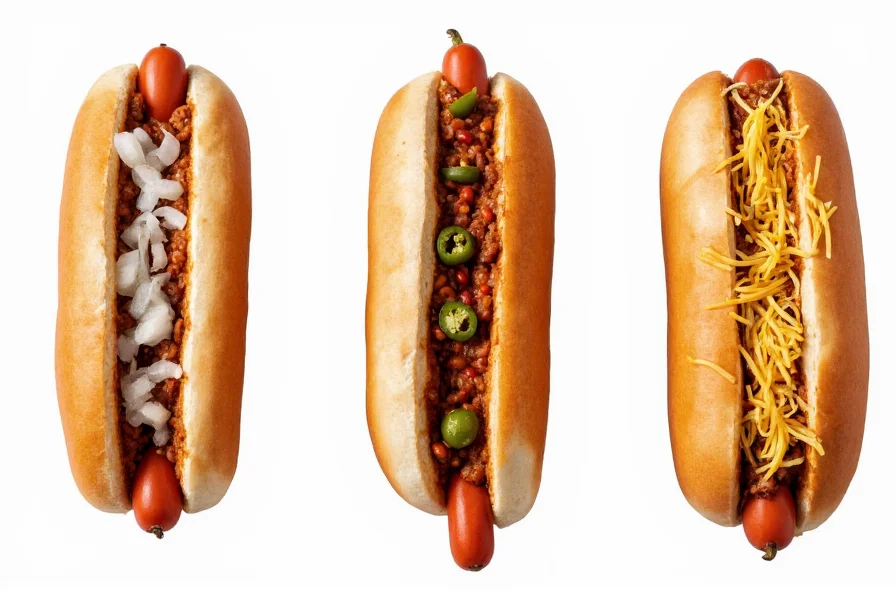Three variations of hot dogs with chili topping: classic with onions, spicy with jalapenos, and mild with cheese