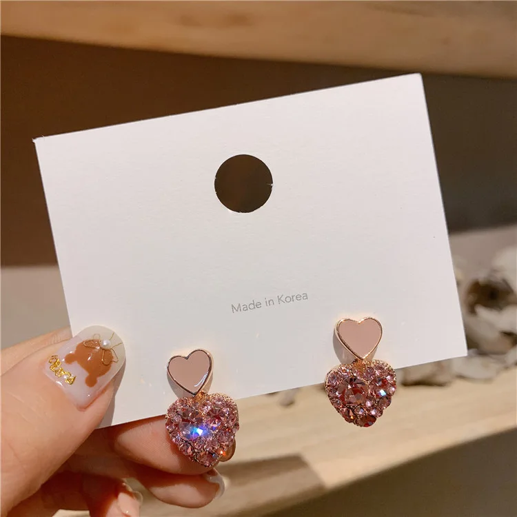 

Valentine's Day Vintage S925 Needle Love Heart Drop Earrings Pink Crystal Rhinestone Double Heart Earring For Women, Pink ,green