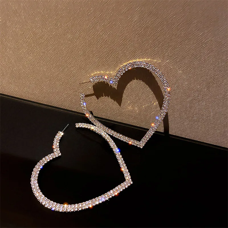 

Wholesale Big Heart Crystal Hoop Earrings For Women Geometric Rhinestones Earrings Statement Jewelry Party Gifts, Gold plated/silver plated