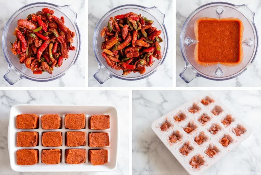 Step-by-step process of making frozen chili bricks: fresh chilies being roasted, blended into paste, portioned into ice cube tray, and frozen