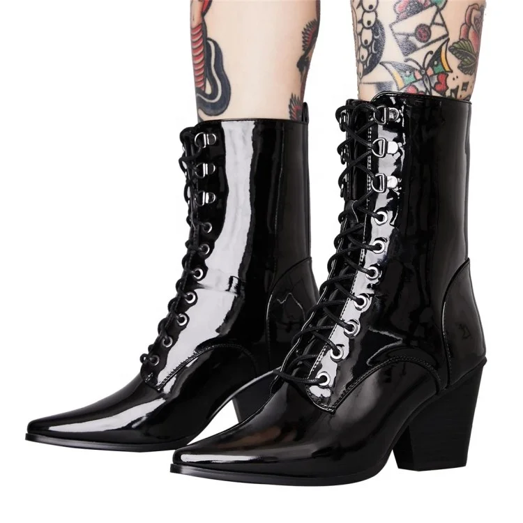 

Reflective Patent Leather Upper Lace Up Mid-Calf Women Boots Winter Fashion Pointed Toe Boots Large Size 48 Chunky Heel Booties, Black