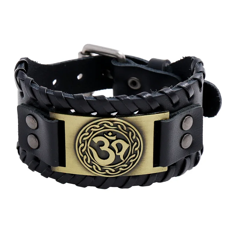 

Wholesale Price Punk Braided Rope Alloy Genuine Leather Bangle Wristband Viking Totem Wide Bracelet, Picture shows