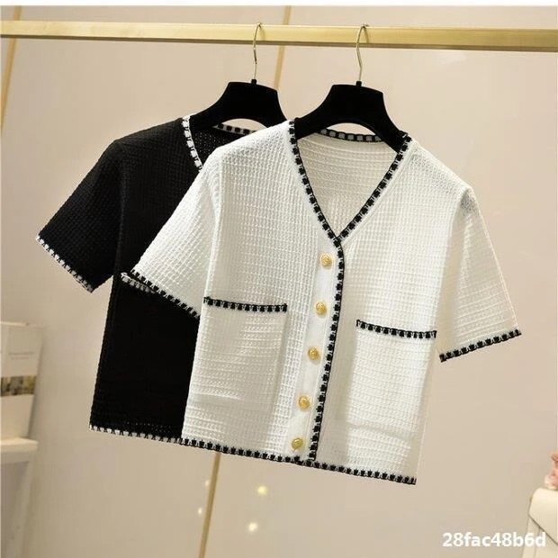 

2021 Women Korean Sweater ShortSleeve Open Front Button Up Cardigan knit crop top, Black/whiet