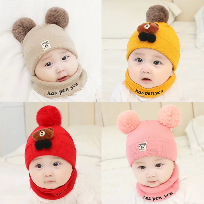 2 Pieces Baby Caps Boy Beanies Warm Hat Kids Cap Set Solid Color Plush ...