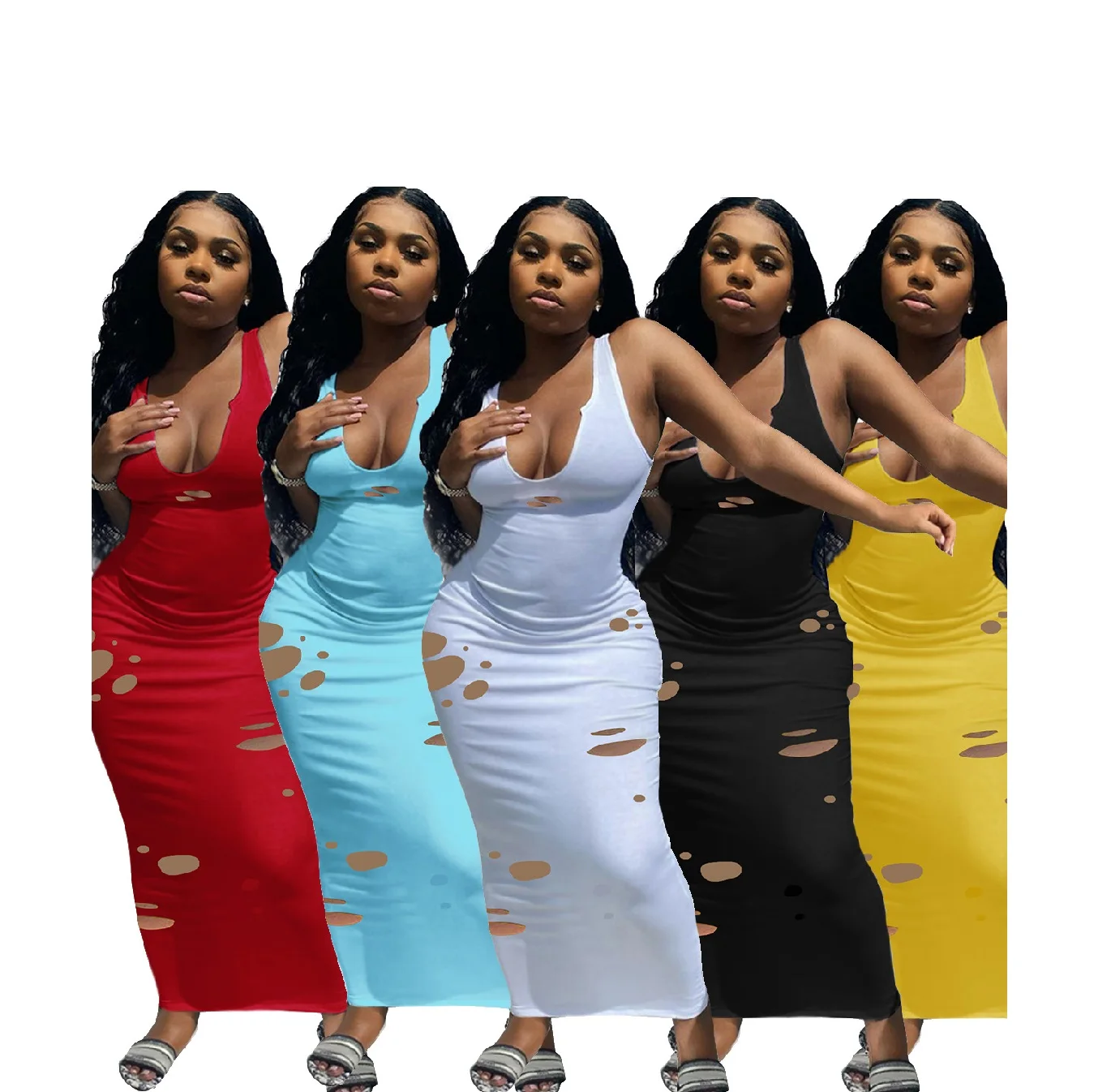 

2021 Sleeveless V-neck Hollow Out Summer Maxi Dress Solid Color Hole Women Lady Elegant Bodycon Casual Dresses, Picture color