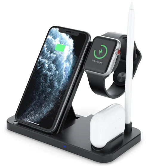 

Wireless Charger Qi-Certified Fast Charging Station 4-in-1 charging dock station with qi wireless pad for iPhone 12, Black/white