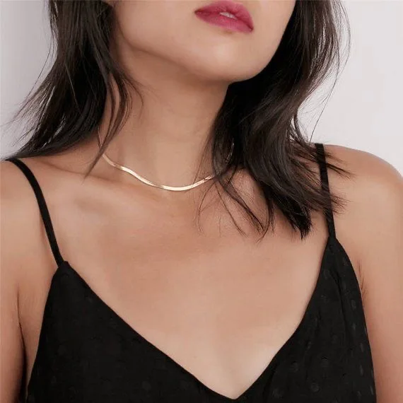 

New Arrival Simple 316L Stainless Steel 14K 18K Gold Plated Necklace Herringbone Snake Chain Link Choker Necklace, 14k gold
