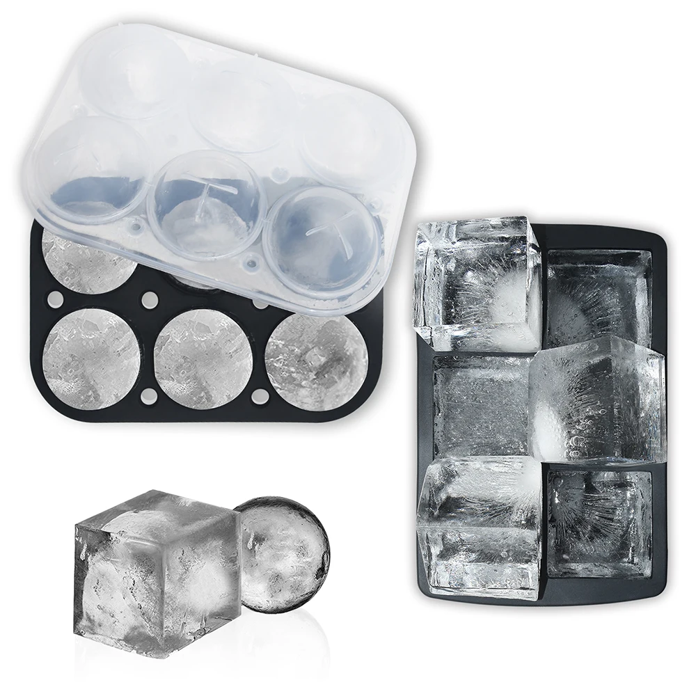 

Benhaida New Model Reusable Set of 6 Cavity 2" Ice Cube Tray and 6 Cavity Ice Sphere Tray BPA Free Easy Release Ice Molds, Black available, can make your own colors