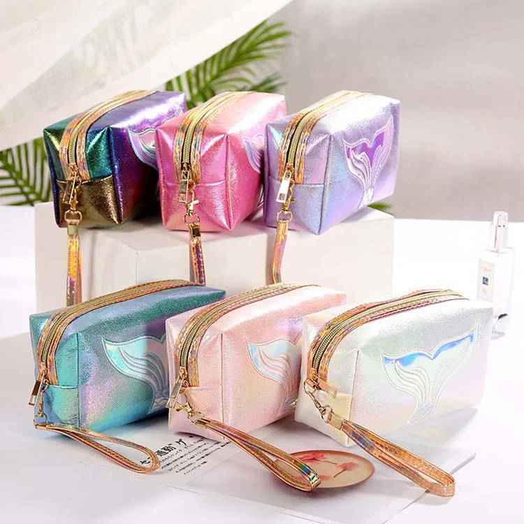 

Fishtail Pattern Pu Leather Cosmetic Bag Travel Shine Leather Makeup Bag Holographic Pu Leather Cosmetic Bag