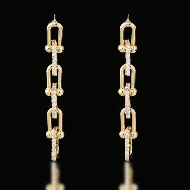 

18K gold U shaped link chain drop dangle earrings zircon paved link earrings 925 silver posts, 18k gold plated or customized