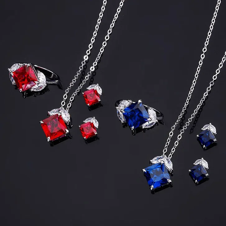 

Simple new S925 silver jewelry red sapphire square set chain for girls ring earing set