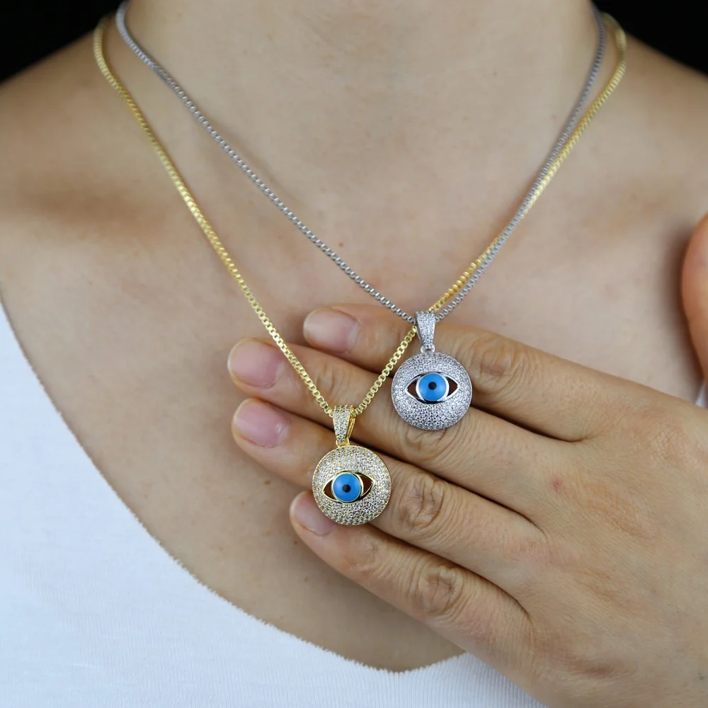 

Hip hop Turkish Evil Eye charm necklace Jewelry For Women 5A Cz paved round pendant blue Eye Choker Necklace with box chain, Black