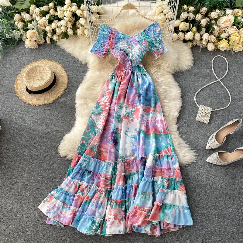 

Slim-Fit Cross V Neck Short Sleeve Floral Printed Dress Summer New Women's Tie-Dyed Bohemian Dress Vacation Long Dress