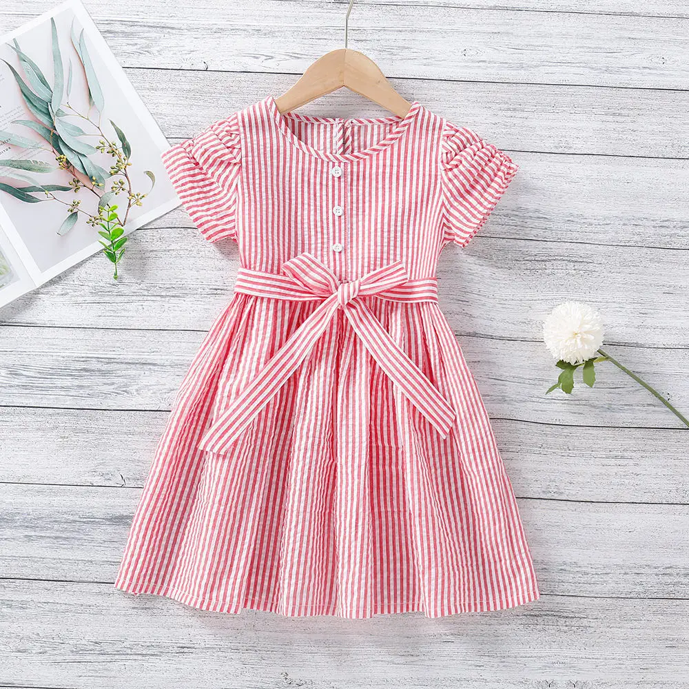 

2021 Cotton Children Clothing Fashion Waist Princess Dress Summer O Neck Casual Short Sleeve Stripe Print A Line Girls Dresses, Picture shows