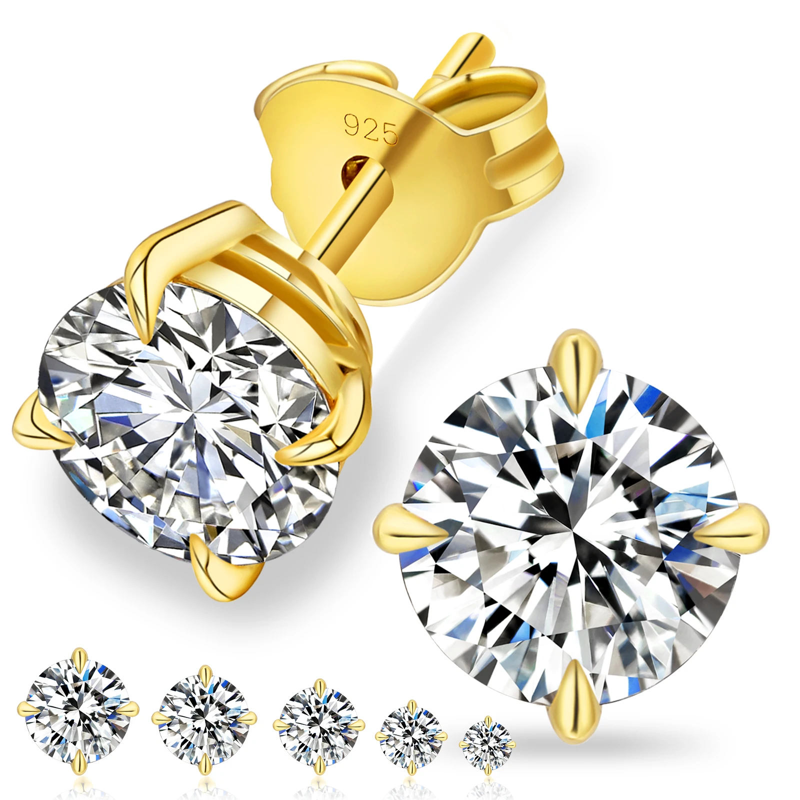 GRA VVS Moissanite 14K Yellow White Gold Plated 925 Sterling Silver Friction Back Lab Created Diamond Stud Earring for Women Men