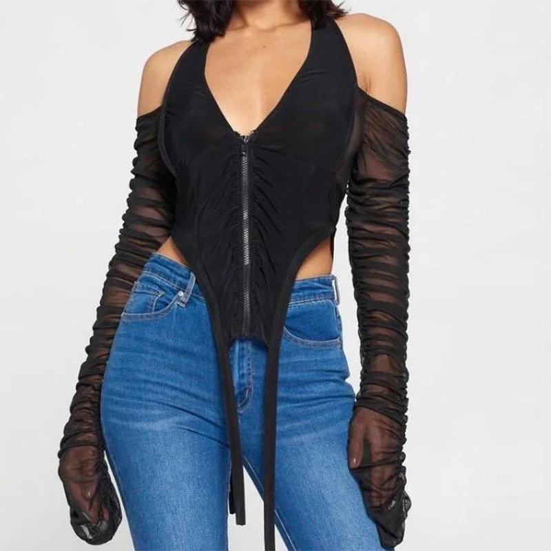 

s272a Zipper Ruched Mesh Hot Sexy Halter Crop Tops for Women Winter 2020 Fashion Long Sleeve Backless V Neck, Black