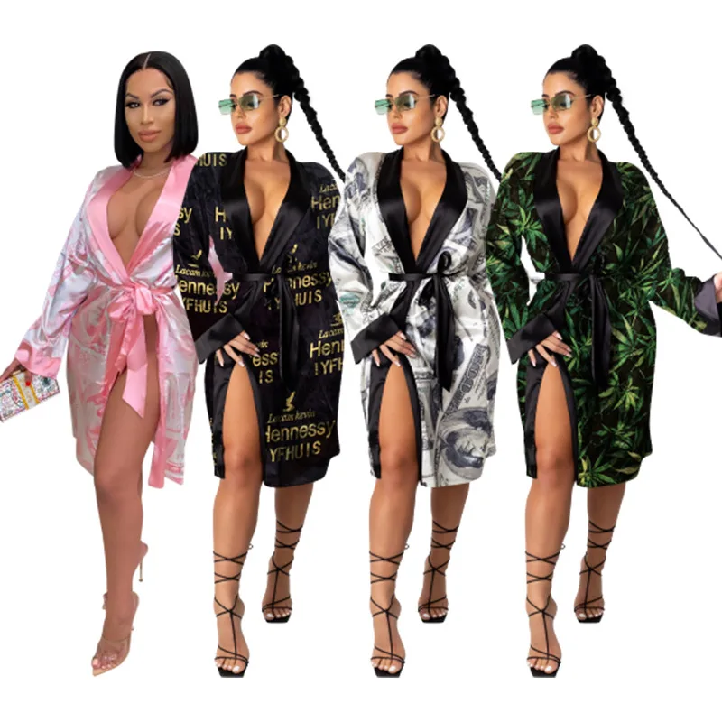 

Deep V-Neck Printed Women's Pajama Long Sleeve Ladies Dressing Gowns Money Robes Sleepwear