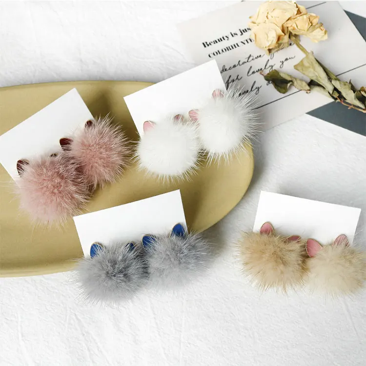 

Winter Enamel Cat Ear Pom Stud Earrings White Plush Statement Fluffy Earrings S925 Silver Needle Cute Cat Ear Pom Pom Earrings, White, pink, gray, apricot