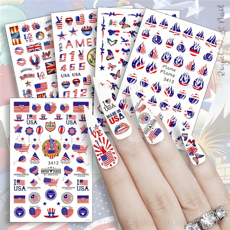 

2021 3D America USA Design 8 Designs Self-adhesive Nail Art Stickers