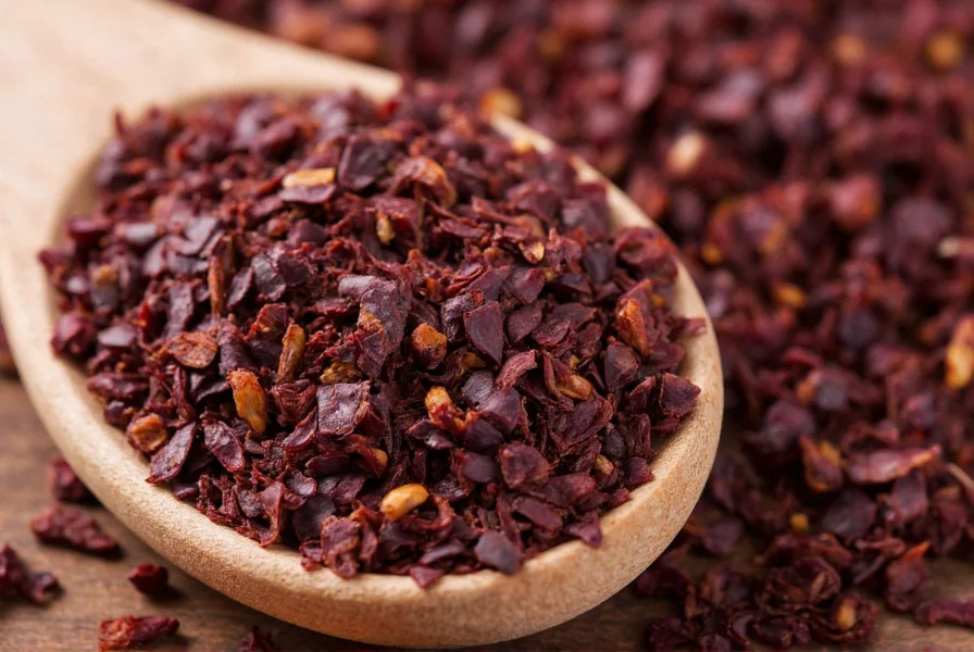 Close-up of authentic Urfa chili pepper flakes showing their dark purple color and flaky texture on a wooden spoon