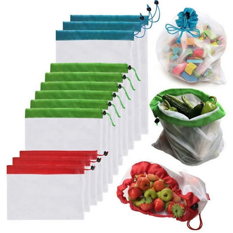

12 pcs Promotional Custom Logo Washable Dacron Produce Organic Fruit Reusable Eco Mesh Drawstring Shopping Net Bag, Red, green, blue