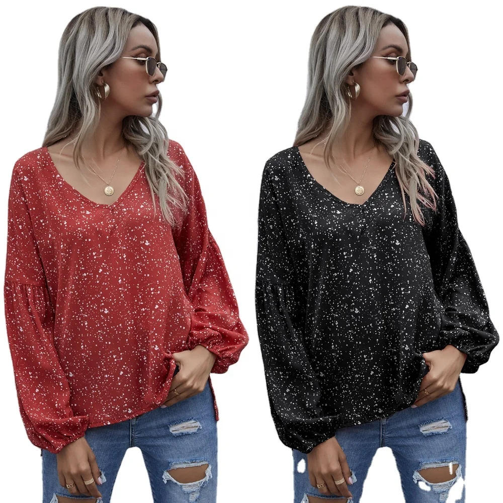 

Wholesale Dot Printed V Neck Woman Top,Polka Dot Lantern Long Sleeve Blouse, Picture