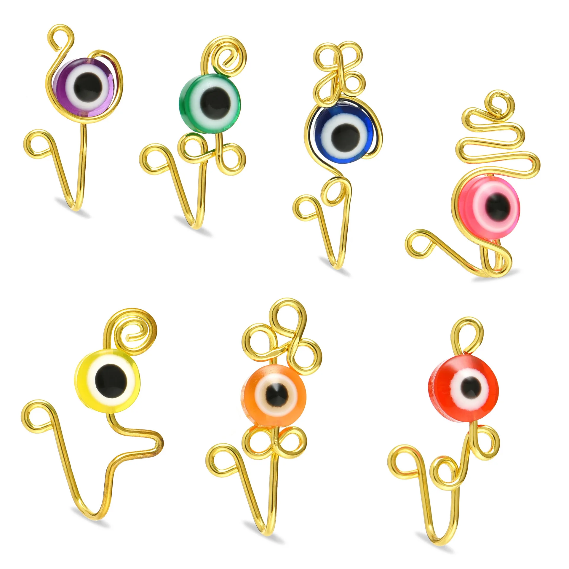 

Wholesale Faux Clip on Hoop Face Jewelry Rings Colorful Round Stone Gold Curve Wire Non Pierced Dangle Evil Eyes Nose Cuffs