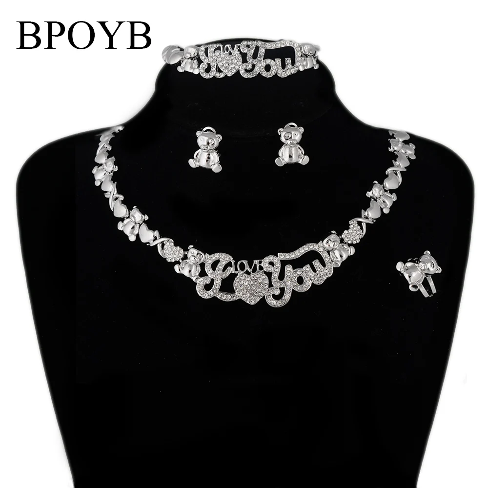 

BPOYB Wholesale Women's XOXO Diamond Silver Rhodium Jewelry Set I Love You Teddy Bear Heart Neckalce Sets High Quality