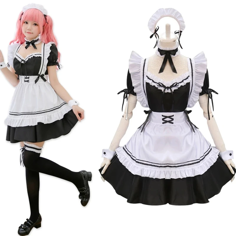 

Anime Lolita Maid Outfit Cosplay Cute Costume Black Dress Girls Women Men Lolita Dresses Waitress Maid Party Stage Costume, As show