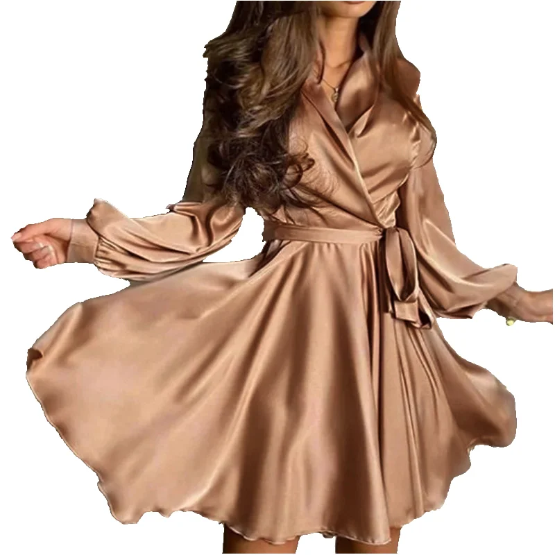 

Latest Design Solid Color Silk Satin Mini Skirt Ladies Temperament Puff Sleeve Dress, Shown