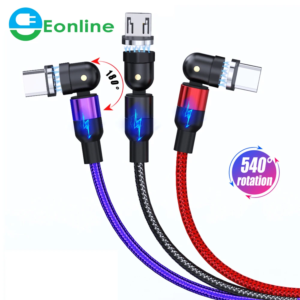 

EONLINE 1M 2M New 540 Degree Rotate Magnetic Cable Micro USB Type C Fast Charging Phone Magnet Charger For Samsung Xiaomi Huawei, Black, purple , red