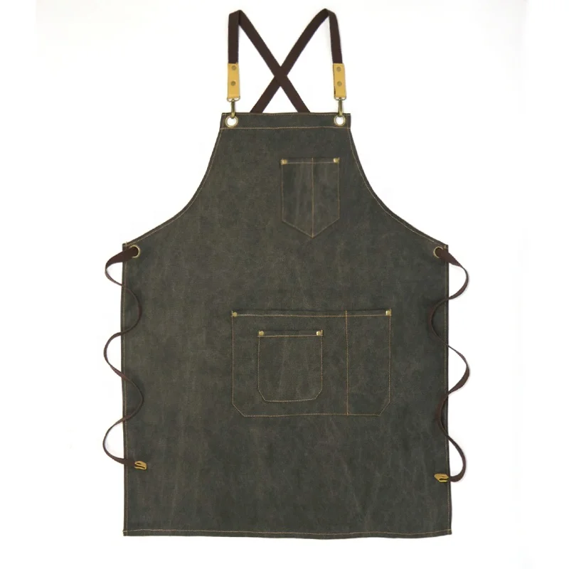 

Leather Straps Cotton Strap Combine Washed Canvas Apron with multiple pockets, Dark grey